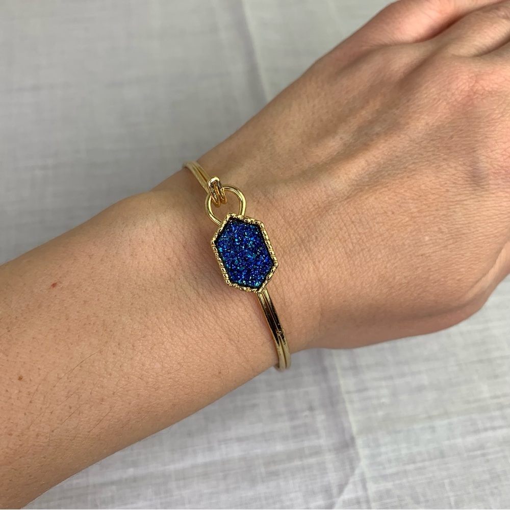 Blue Druzy Crystal And Gold Tone Dainty Metal Cuff Bracelet